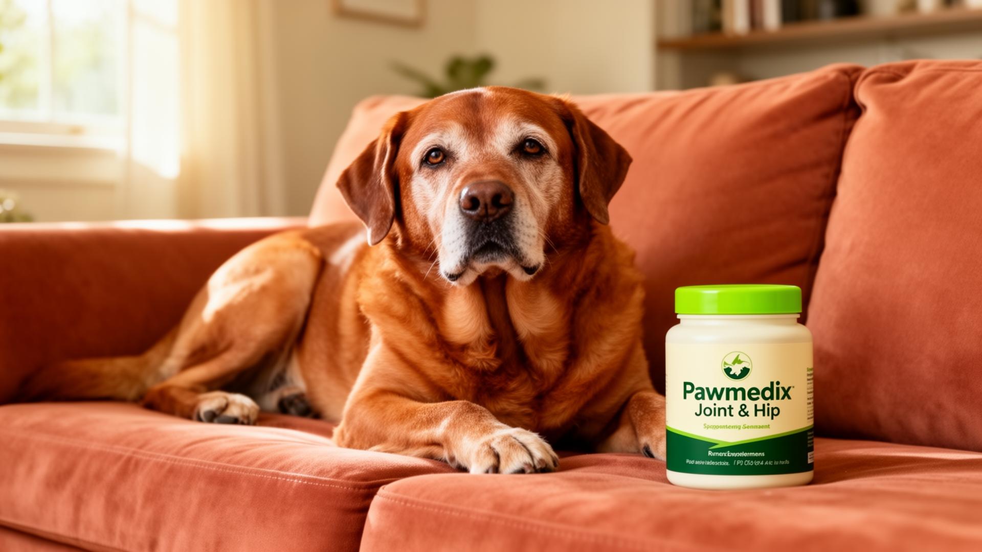 Senior red Labrador with arthritis resting on a terracotta couch beside a Pawmedix Joint & Hip supplement jar