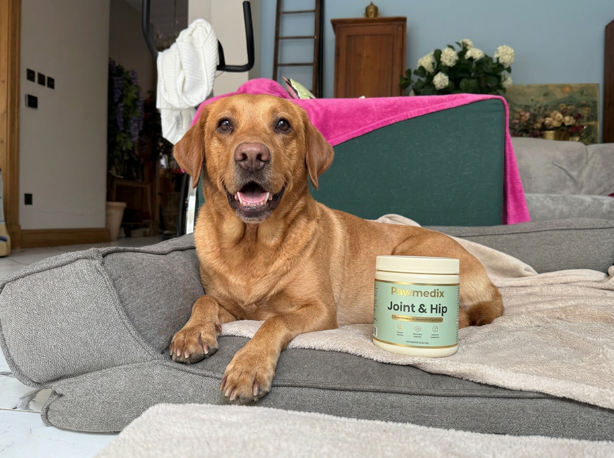Senior red Labrador with arthritis resting on a terracotta couch beside a Pawmedix Joint & Hip supplement jar